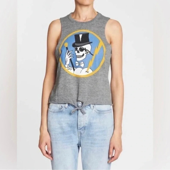 Chaser Tops - NWT Chaser Skull Top Hat Grey Tank Front Tie Halloween Size M